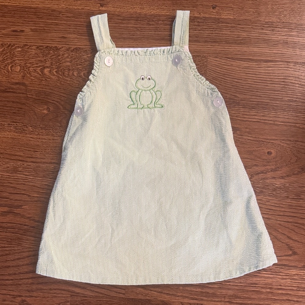 Frog-Embroidered Green Seersucker Pinafore Dress